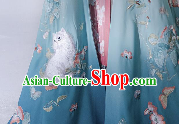China Ancient Noble Infanta Cape Clothing Traditional Ming Dynasty Princess Embroidered Blue Silk Cloak