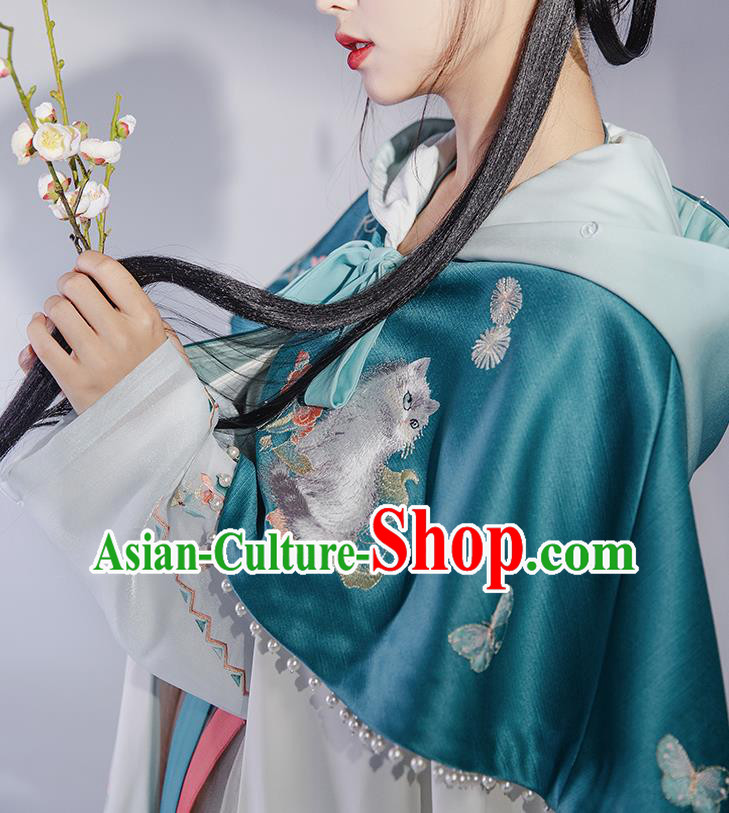 China Ancient Noble Infanta Cape Clothing Traditional Ming Dynasty Princess Embroidered Blue Silk Cloak