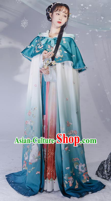 China Ancient Noble Infanta Cape Clothing Traditional Ming Dynasty Princess Embroidered Blue Silk Cloak