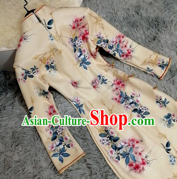 Chinese Classical Printing Peach Blossom Qipao Dress Traditional Shanghai Women Light Yellow Cheongsam