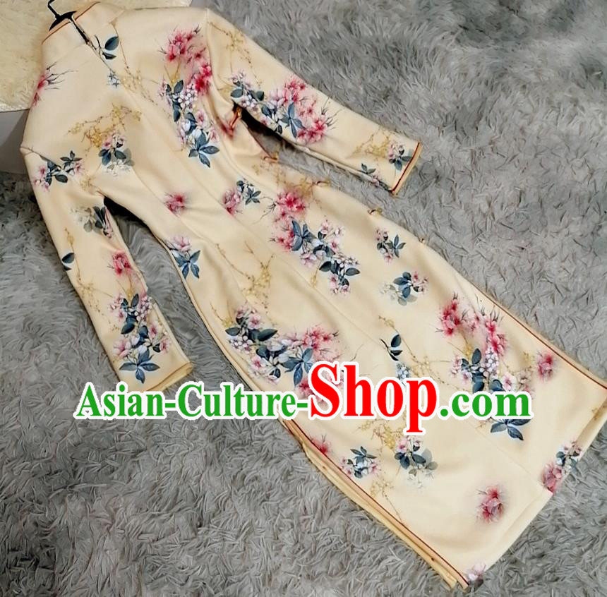 Chinese Classical Printing Peach Blossom Qipao Dress Traditional Shanghai Women Light Yellow Cheongsam