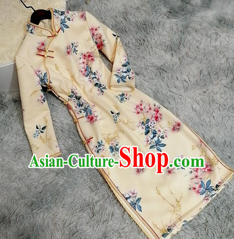 Chinese Classical Printing Peach Blossom Qipao Dress Traditional Shanghai Women Light Yellow Cheongsam