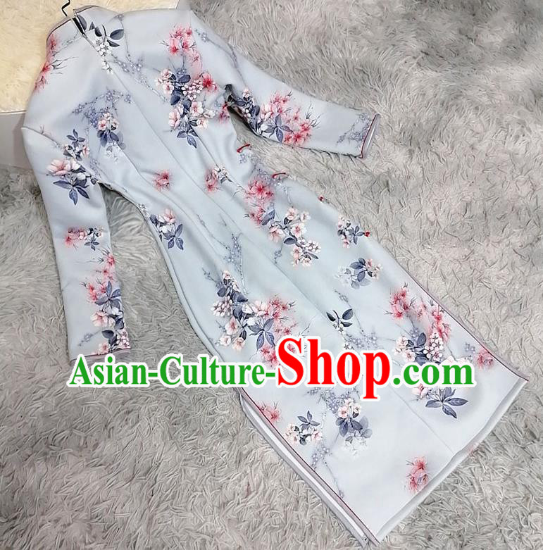 Chinese Traditional Shanghai Light Blue Cheongsam Classical Printing Plum Blossom Qipao Dress