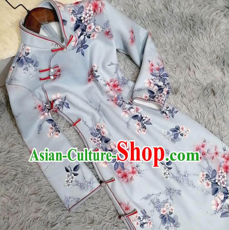 Chinese Traditional Shanghai Light Blue Cheongsam Classical Printing Plum Blossom Qipao Dress