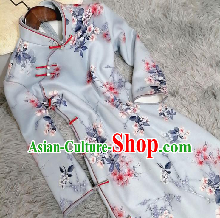 Chinese Traditional Shanghai Light Blue Cheongsam Classical Printing Plum Blossom Qipao Dress