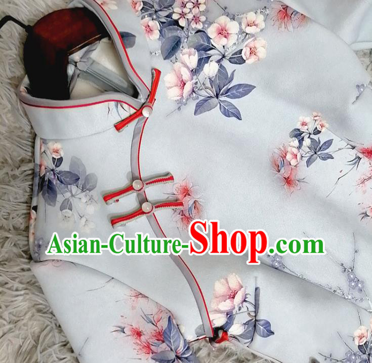Chinese Traditional Shanghai Light Blue Cheongsam Classical Printing Plum Blossom Qipao Dress