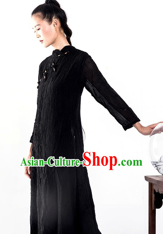 Chinese National Black Tencel Qipao Dress Traditional Zen Clothing Slant Opening Cheongsam