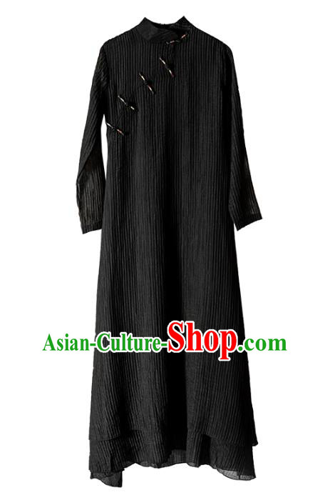 Chinese National Black Tencel Qipao Dress Traditional Zen Clothing Slant Opening Cheongsam