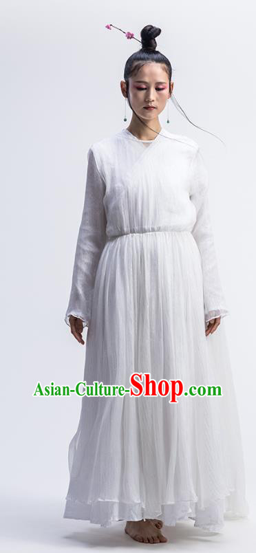 Chinese Traditional Zen Clothing Classical Dance Costume National White Chiffon Qipao Dress