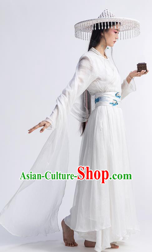 Chinese Traditional Zen Clothing Classical Dance Costume National White Chiffon Qipao Dress