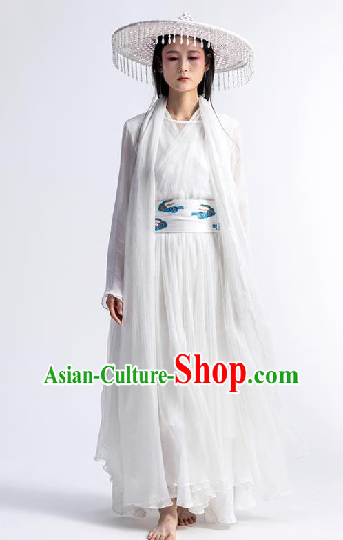 Chinese Traditional Zen Clothing Classical Dance Costume National White Chiffon Qipao Dress