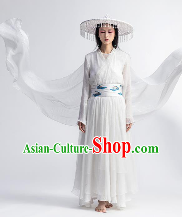 Chinese Traditional Zen Clothing Classical Dance Costume National White Chiffon Qipao Dress