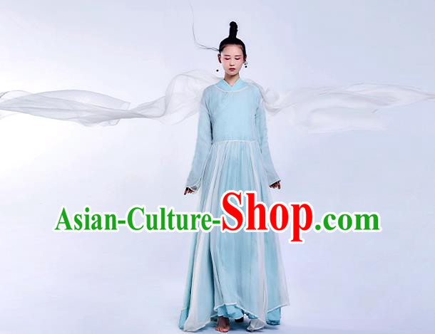 Chinese Classical Dance Costume National Light Blue Qipao Dress Traditional Zen Clothing