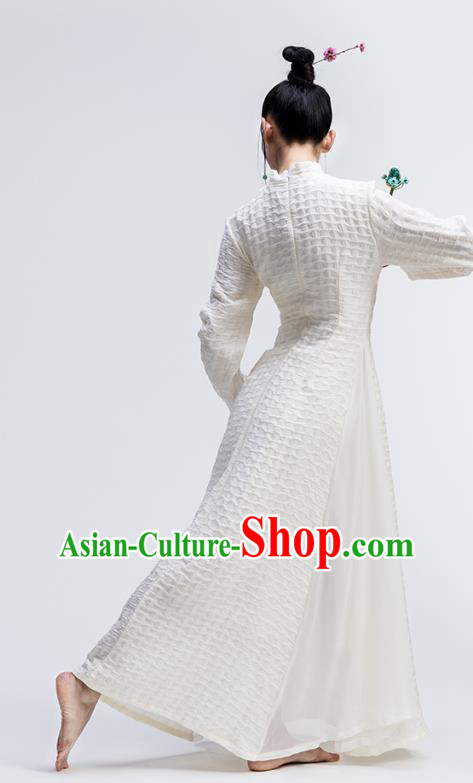 Chinese National White Flax Qipao Dress Traditional Zen Cheongsam Clothing Classical Dance Costume