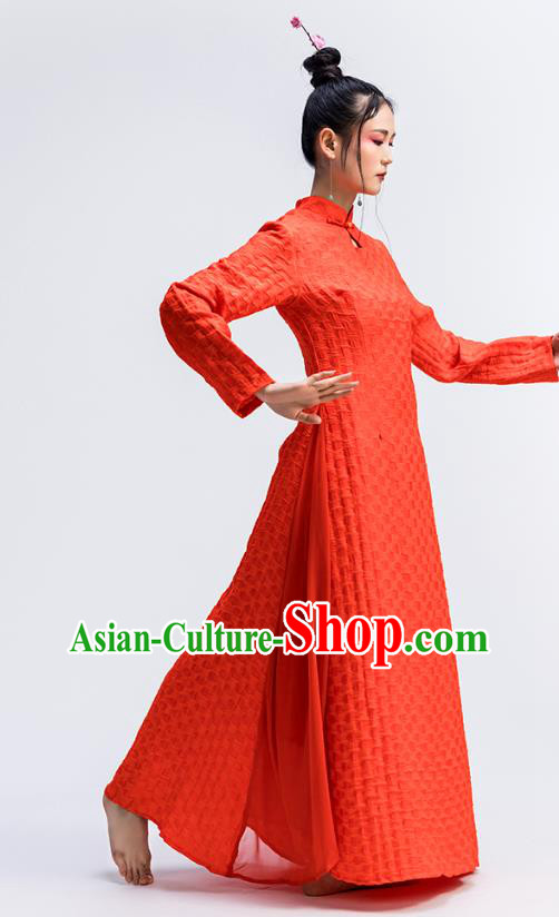 Chinese Traditional Zen Cheongsam Clothing Classical Dance Costume National Red Flax Qipao Dress