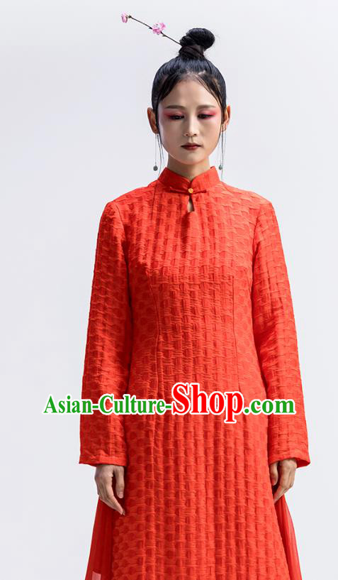 Chinese Traditional Zen Cheongsam Clothing Classical Dance Costume National Red Flax Qipao Dress