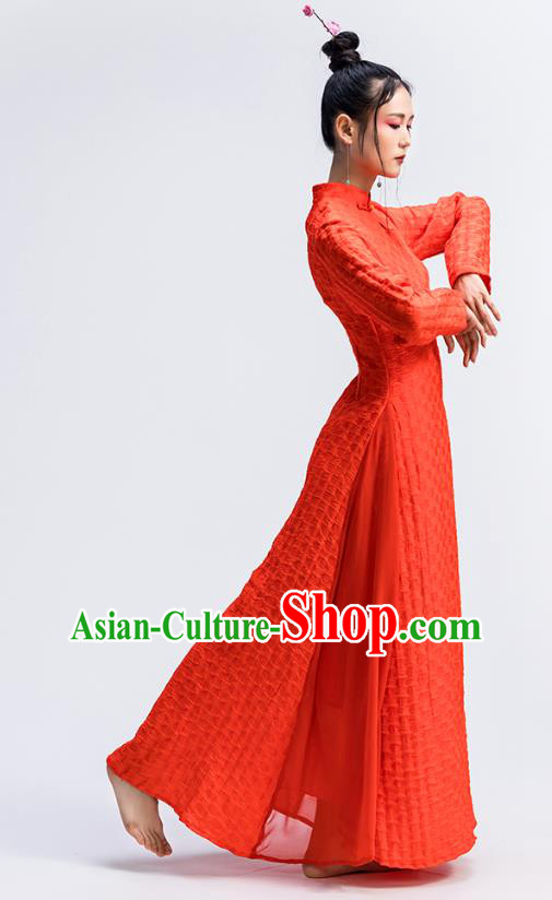 Chinese Traditional Zen Cheongsam Clothing Classical Dance Costume National Red Flax Qipao Dress