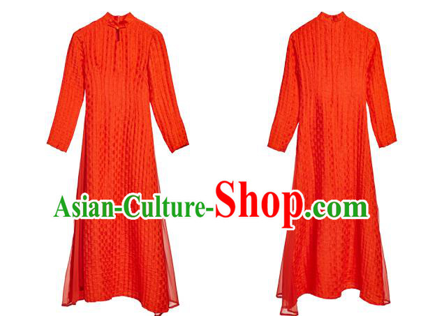 Chinese Traditional Zen Cheongsam Clothing Classical Dance Costume National Red Flax Qipao Dress