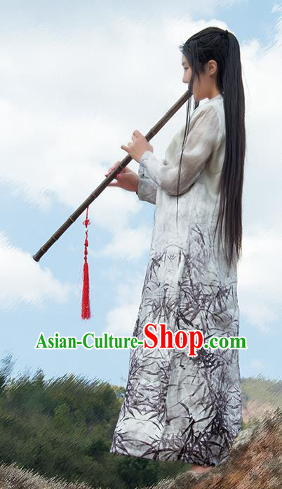 Chinese National Ink Painting White Silk Dress Traditional Zen Clothing Martial Arts Costume