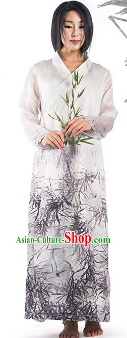 Chinese National Ink Painting White Silk Dress Traditional Zen Clothing Martial Arts Costume