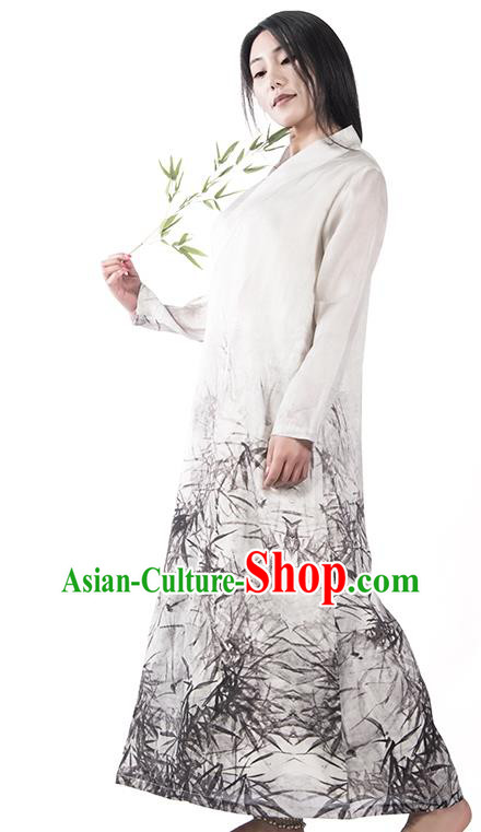 Chinese National Ink Painting White Silk Dress Traditional Zen Clothing Martial Arts Costume