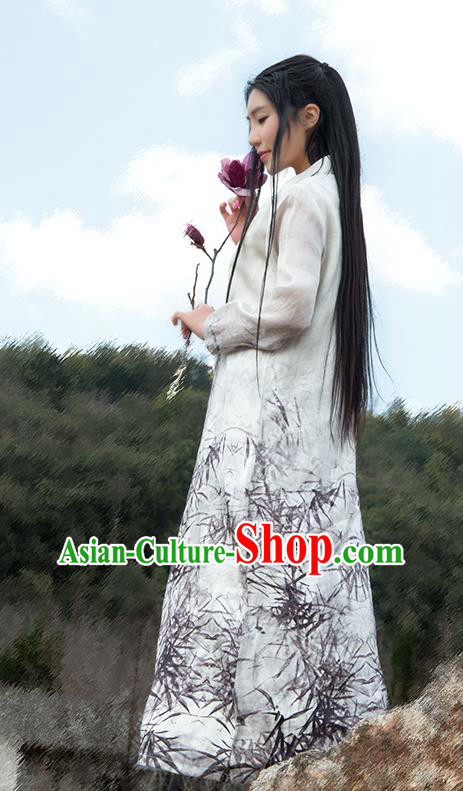 Chinese National Ink Painting White Silk Dress Traditional Zen Clothing Martial Arts Costume