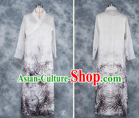 Chinese National Ink Painting White Silk Dress Traditional Zen Clothing Martial Arts Costume