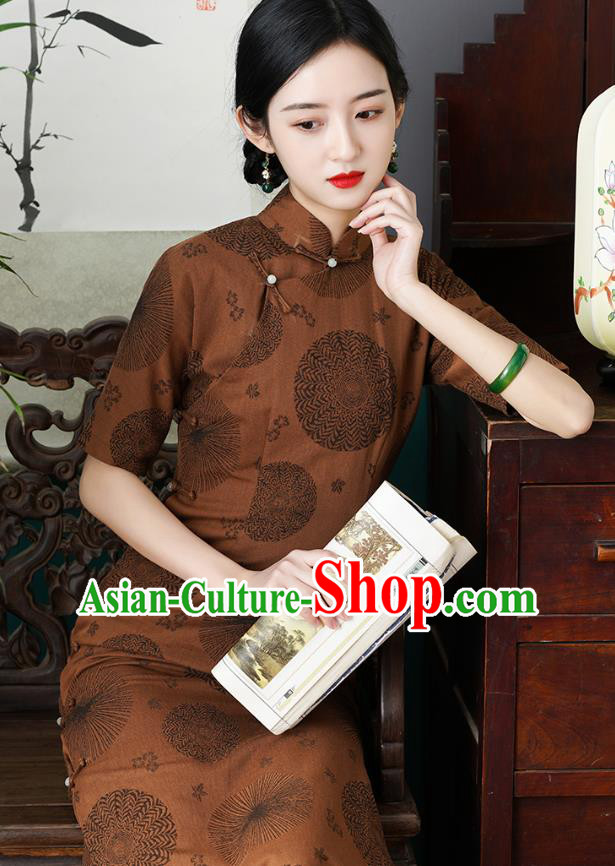 Chinese Traditional Jacquard Brown Flax Cheongsam National Shanghai Beauty Costume Slim Qipao Dress