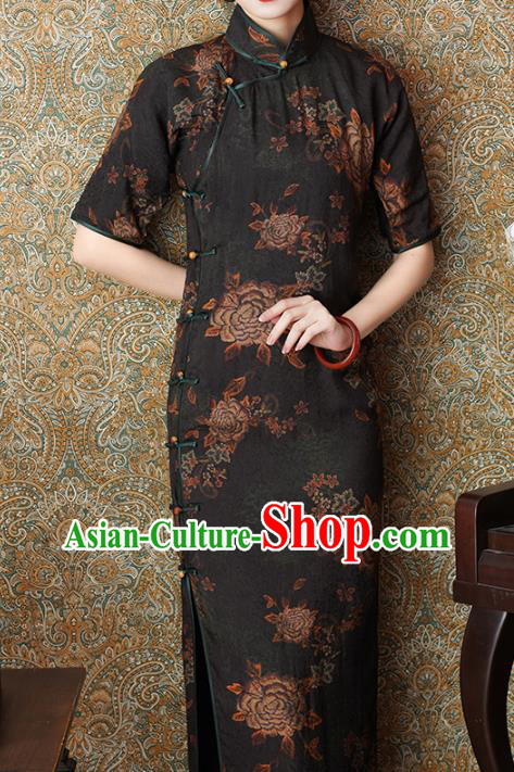 Chinese Slim Qipao Dress Traditional Printing Peony Black Tencel Cheongsam National Shanghai Beauty Costume