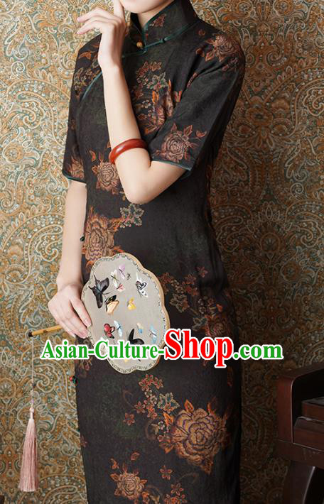 Chinese Slim Qipao Dress Traditional Printing Peony Black Tencel Cheongsam National Shanghai Beauty Costume