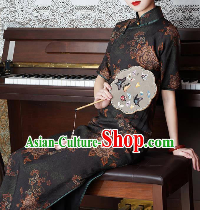 Chinese Slim Qipao Dress Traditional Printing Peony Black Tencel Cheongsam National Shanghai Beauty Costume