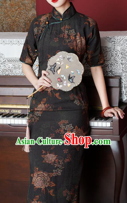 Chinese Slim Qipao Dress Traditional Printing Peony Black Tencel Cheongsam National Shanghai Beauty Costume