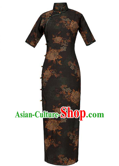 Chinese Slim Qipao Dress Traditional Printing Peony Black Tencel Cheongsam National Shanghai Beauty Costume