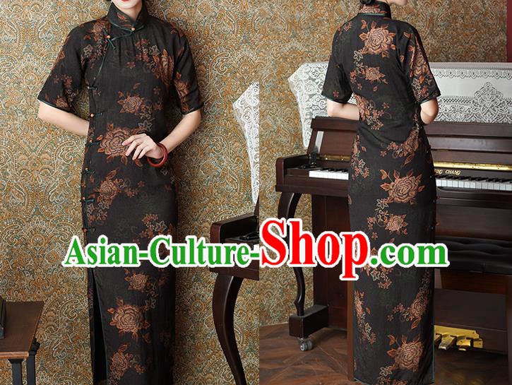 Chinese Slim Qipao Dress Traditional Printing Peony Black Tencel Cheongsam National Shanghai Beauty Costume
