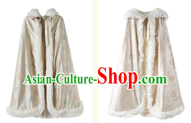 Chinese Traditional Winter Light Golden Satin Long Cape Ancient Princess Cloak Clothing