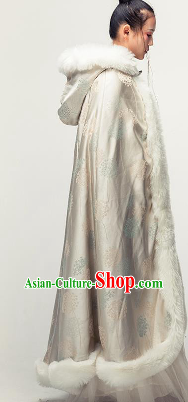 Chinese Traditional Winter Light Golden Satin Long Cape Ancient Princess Cloak Clothing