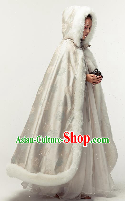 Chinese Traditional Winter Light Golden Satin Long Cape Ancient Princess Cloak Clothing