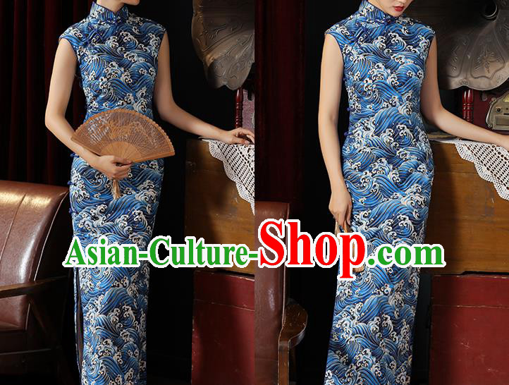 Chinese Classical Wave Pattern Qipao Dress National Young Lady Costume Traditional Blue Cheongsam