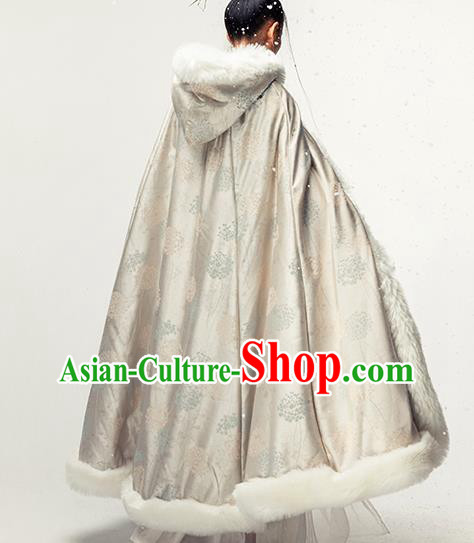 Chinese Traditional Winter Light Golden Satin Long Cape Ancient Princess Cloak Clothing