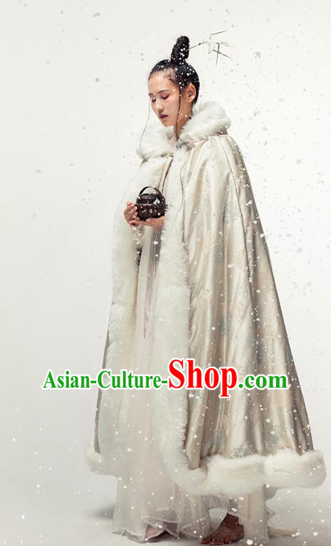 Chinese Traditional Winter Light Golden Satin Long Cape Ancient Princess Cloak Clothing