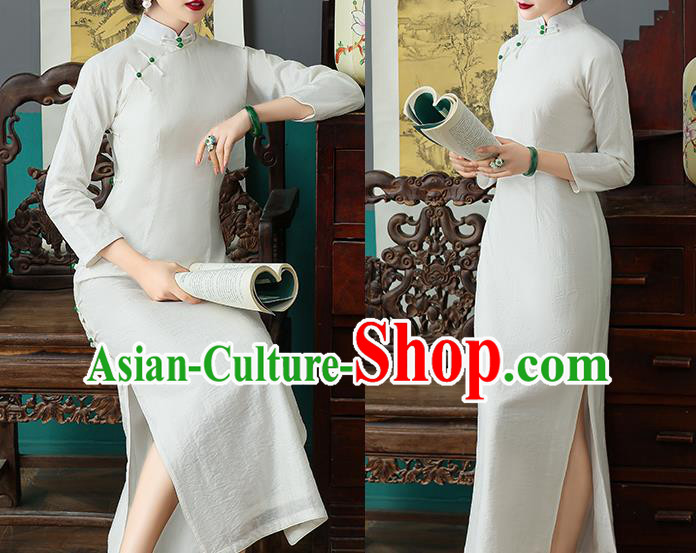 Chinese Classical White Tencel Qipao Dress National Woman Costume Traditional Shanghai Cheongsam