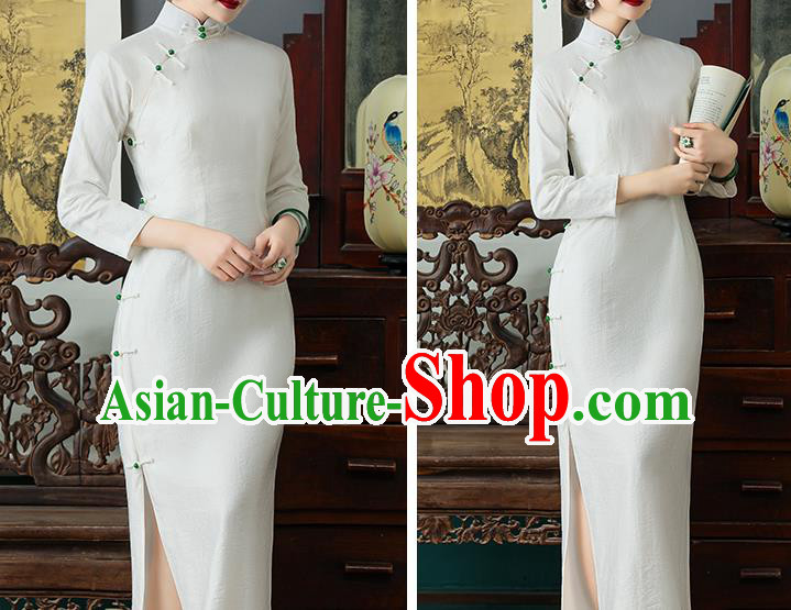 Chinese Classical White Tencel Qipao Dress National Woman Costume Traditional Shanghai Cheongsam