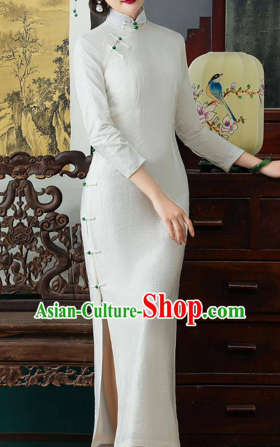 Chinese Classical White Tencel Qipao Dress National Woman Costume Traditional Shanghai Cheongsam