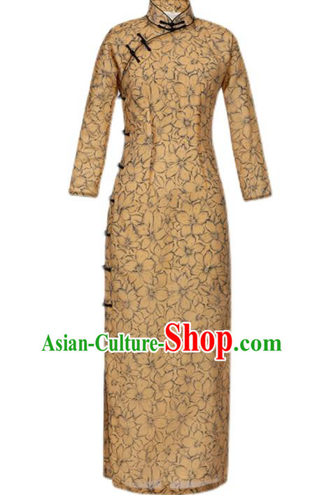 Chinese Traditional Shanghai Cheongsam Classical Printing Golden Tencel Qipao Dress National Woman Costume
