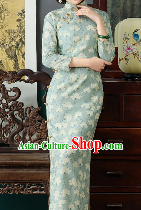 Chinese Traditional Young Lady Cheongsam National Woman Costume Classical Light Green Ramine Qipao Dress