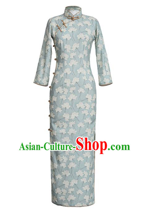 Chinese Traditional Young Lady Cheongsam National Woman Costume Classical Light Green Ramine Qipao Dress