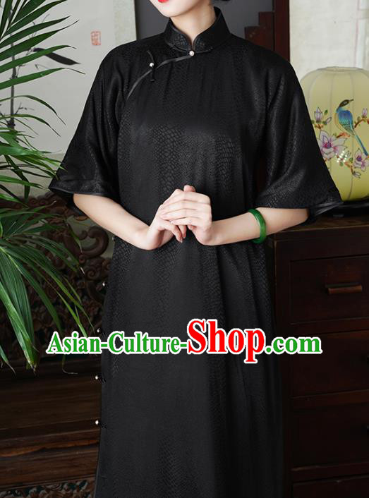 Chinese Traditional Stand Collar Cheongsam National Woman Costume Classical Black Silk Qipao Dress