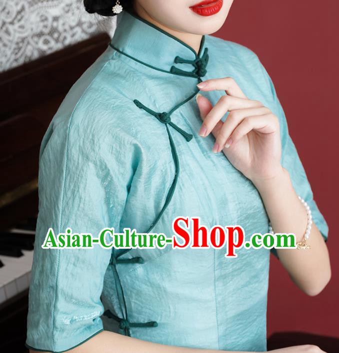Chinese Classical Blue Tencel Qipao Dress Traditional Old Shanghai Cheongsam National Woman Costume