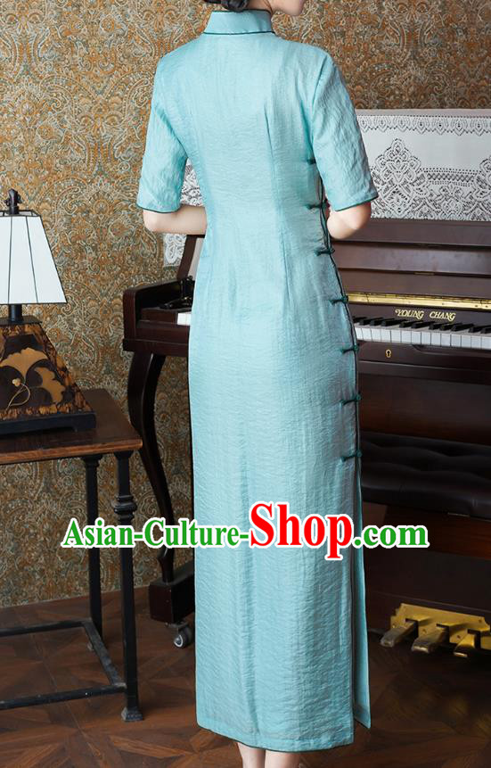 Chinese Classical Blue Tencel Qipao Dress Traditional Old Shanghai Cheongsam National Woman Costume