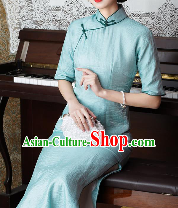 Chinese Classical Blue Tencel Qipao Dress Traditional Old Shanghai Cheongsam National Woman Costume